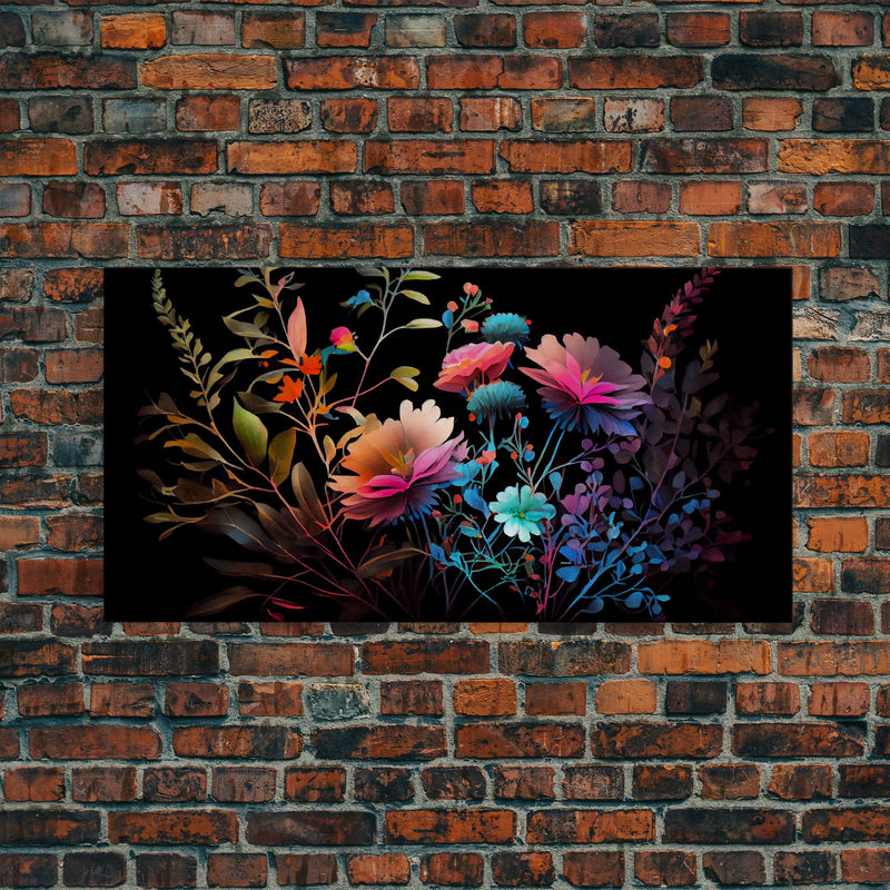 Wild Flower Art, Black Background, Framed Canvas Print, Canvas Art, Mother's Day, Watercolor Painting of Flowers on Canvas, Living Room Art