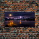 Full moon canvas print, Lightning storm over a mountain lake at night, cool wall art, awesome wall art