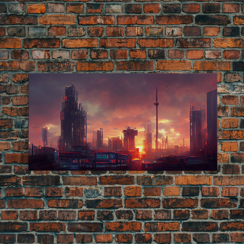 Watercolor of a cyberpunk city, canvas print, dystopian urban landscape at sunset, synthwave style