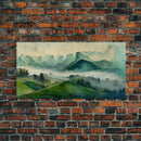 Green Blue Foggy Mountain Valley Watercolor Canvas Art Print, Panoramic Misty Rolling Hills Landscape, Extra Large Panorama Print