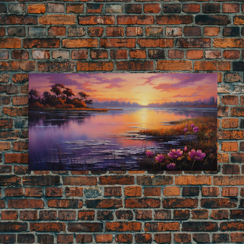 Beautiful Lake At Sunset, Framed Canvas Print, Landscape Oil Painting Print, Lakehouse Art, Lake Art, Lake House Decor, Nature Art