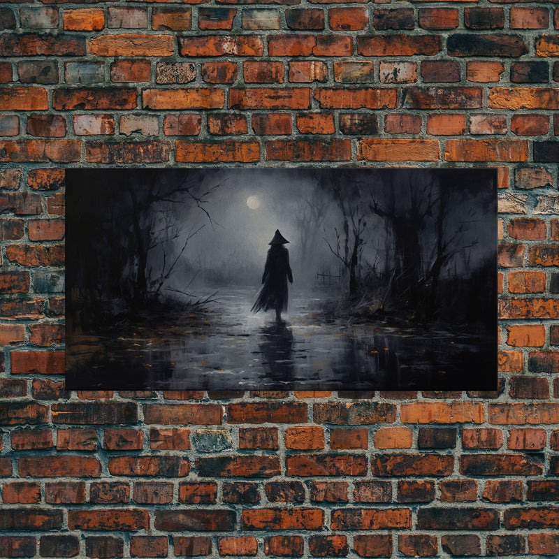 Witch Walking In The Rain Under A Full Moon, Witch Print, Framed Canvas or Poster, Victorian Oil Painting, Dark Academia, Witchcraft Decor