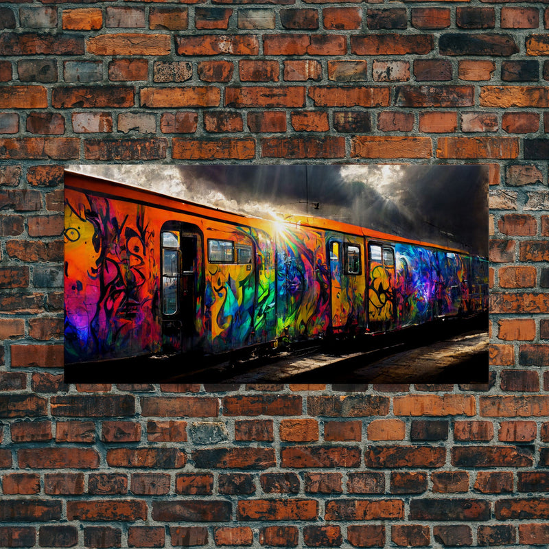 Box car graffiti art, wall decor, train box car, ready to hang canvas print wall art, rainbow train wall art