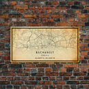 Panoramic Vintage Style Bucharest City Map Wall Art Canvas Print, Distressed Bucharest Map, Framed Art, Cool Travel Wall Art, Office Art