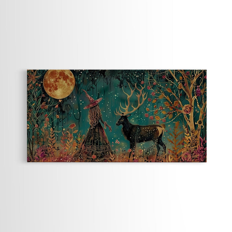 Victorian Witch and her Elk Familiar | Framed Canvas Print | Dark Academia Wall Art | Victorian Style Halloween Art