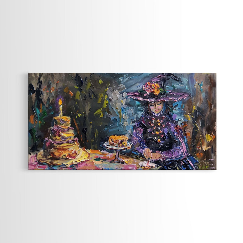 Birthday Party for One, Springtime Witch and A Birthday Cake, Framed Canvas Print, Funny Halloween Art