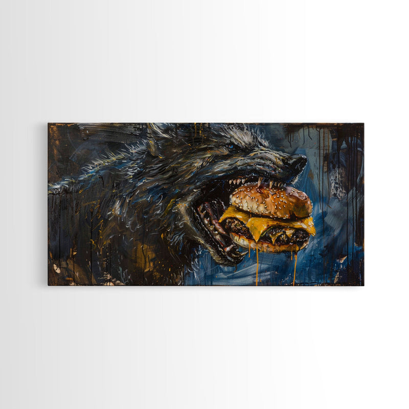 Big Ol Werewolf Having A Cheese Burger - Framed Canvas Print - Funny Halloween Art