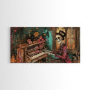 Skeleton Playing The Piano, Framed Canvas Print, Halloween Decor, Spooky Month Home Decor
