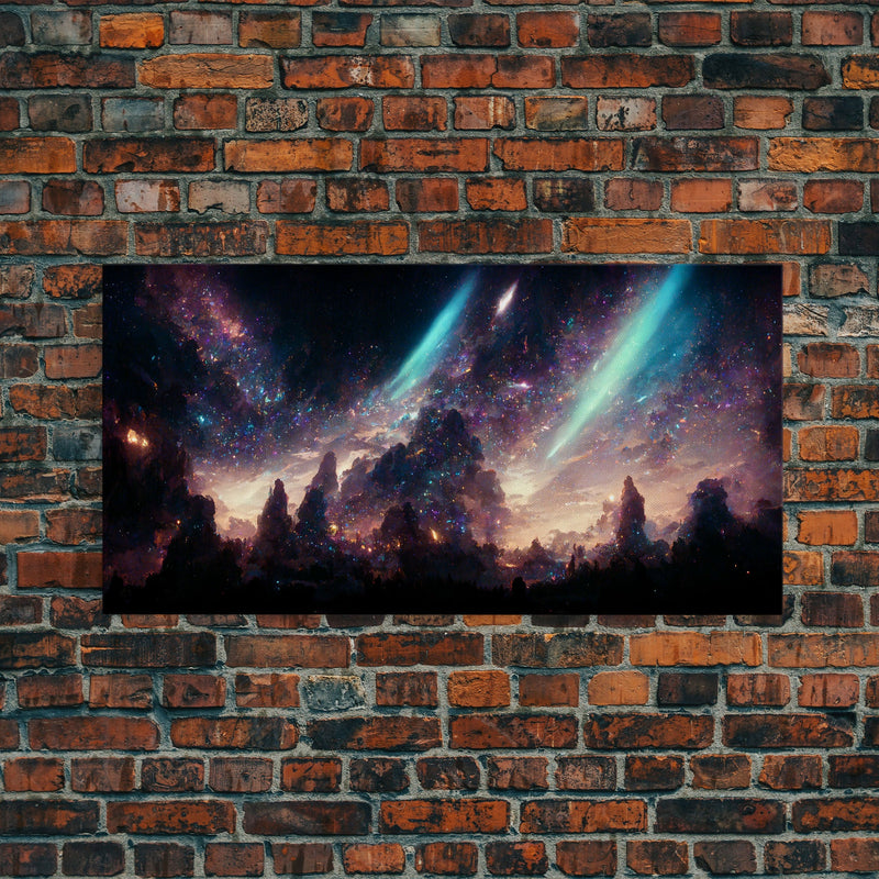 Aurora Borealis Landscape Canvas Print, Mountains of Norway, cool wall art, unique wall art, mountain landscape wall art, space and stars