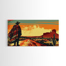 Abstract Cowboy in Desert Sunset Scene, Boho Bedroom Art, Framed Canvas Print, Modern Living Room Decoration, Rustic Wall Art