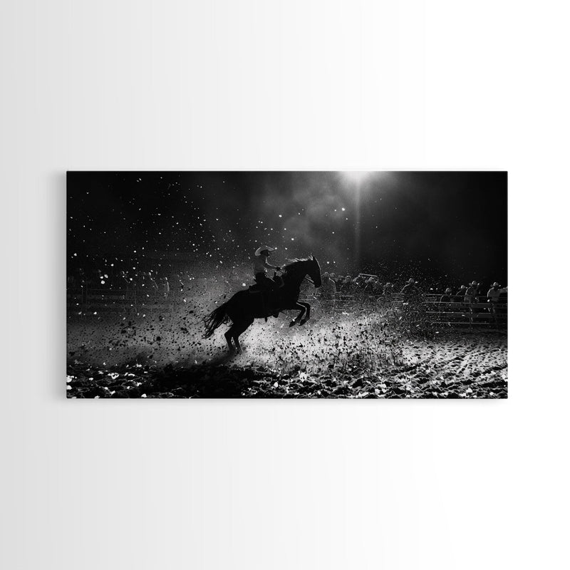 Action-Packed Rodeo Night Scene with Cowboy and Horse, Ideal for Framed Canvas Print, Living Room Wall Art, Perfect Bedroom Decor