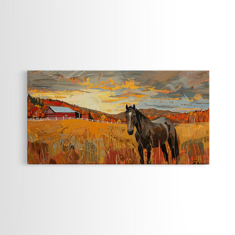 Black Horse in Autumn Field with Red Barn, Perfect Farmhouse Art, Framed Canvas Print, Rustic Wall Decor, Living Room Decoration