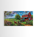 Rustic Barn with Green Tractor in Field, Stunning Country Art, Framed Canvas Print, Farmhouse Wall Decor, Living Room Decoration