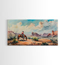 Cowboy Gazing Over Expansive Desert, Boho Western Landscape Art, Framed Canvas Print, Living Room Wall Decor, Rustic Country Style