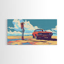 Stylized Cowgirl with Red Car in Vast Desert, Framed Canvas Print for Bedroom, Ideal Living Room Art, Retro Wall Decor