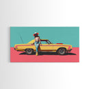 Bold Cowgirl Posing with Yellow Car, Pop Art Framed Canvas Print for Living Room, Ideal Bedroom Wall Art, Unique Home Decor
