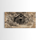 Old Wooden Shack in Rocky Terrain, Farmhouse Style Framed Canvas Print for Bedroom Art, Historical Home Decoration, Rustic Wall Art Piece