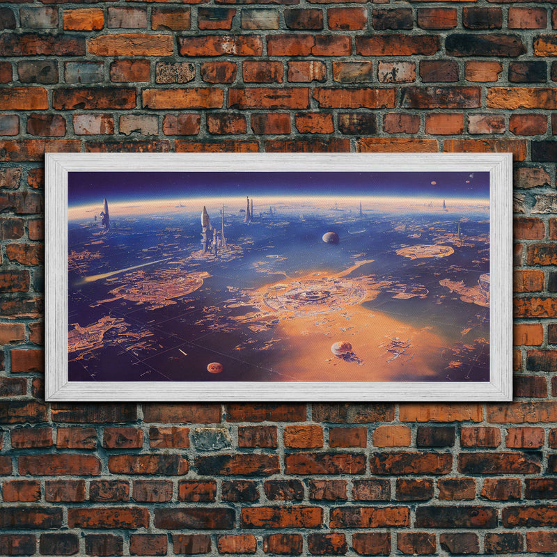 Bird's eye view of a futuristic city-planet, cool scifi art, framed canvas print, ready to hang framed wall art