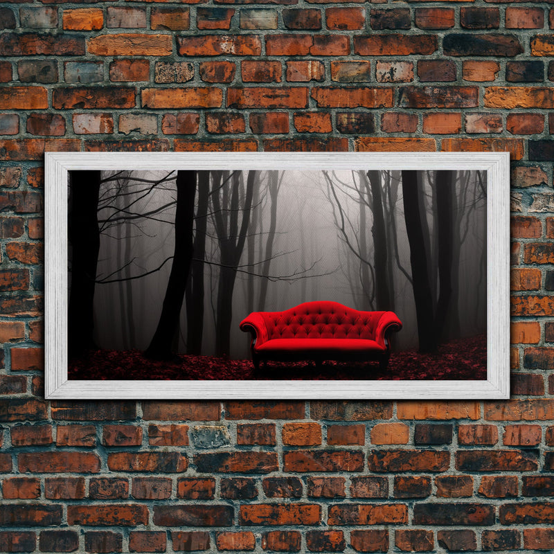 Red Sofa In A Forest Framed Canvas Print, Thought Provoking Art, Framed Art, Creepy Photography, Halloween Art