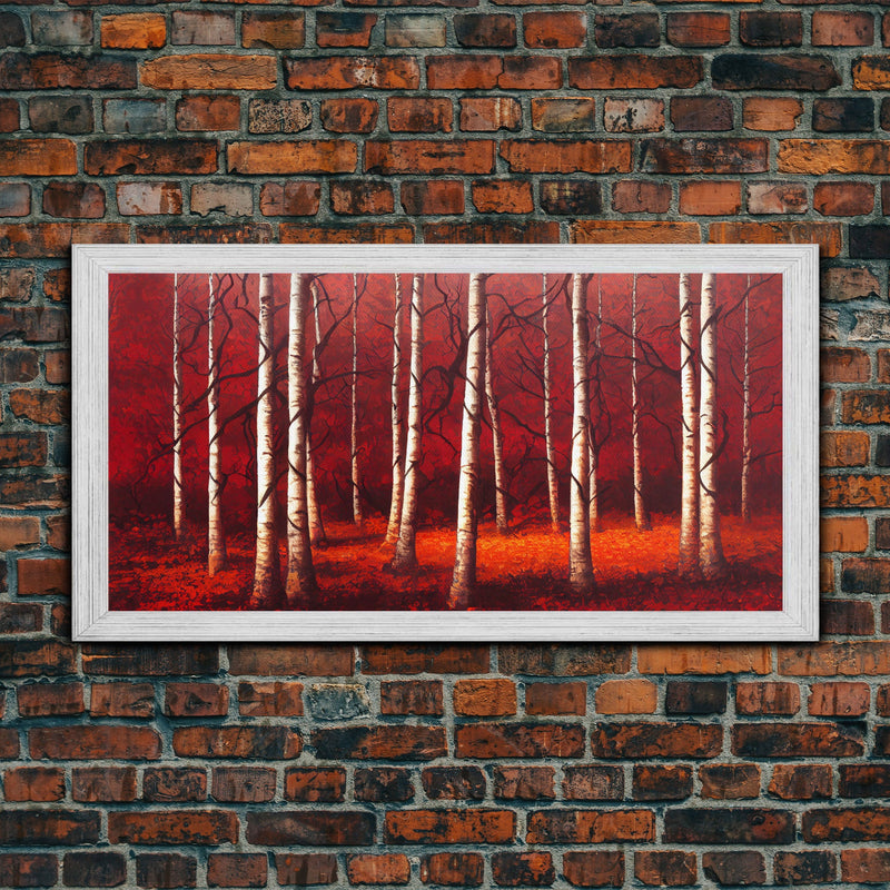 Birch Trees, Haunted birch forest, blood red forest, framed canvas print, ready to hang framed wall art