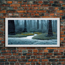 Cabin art, snow covered winter forest, winter vacation home art, framed canvas print, ready to hang framed wall art