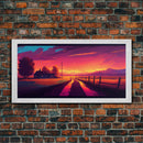 Synthwave Style Farmhouse Art, Dirt Roads, Country Roads, Sunset Art, Framed Wall Art, Canvas Print, Watercolor Wall Art Original Painting