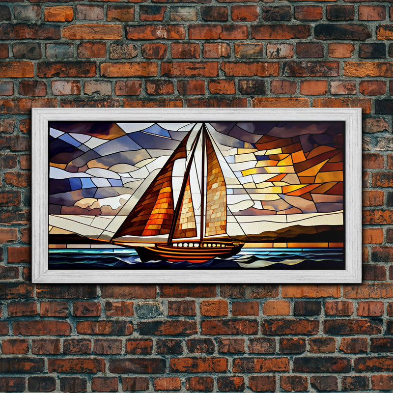 Art Deco Stained Glass Sail Boat Wall Art | Framed Canvas Print | Nautical Art | Seascape Art | Beach House Decor