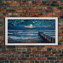 Full Moon Over Beach & Ocean Waves - Framed Canvas Print - Lighthouse and Beach Art - Lakehouse Art - Beach House - Living Room Decor