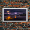 Full moon canvas print, Lightning storm over a mountain lake at night, cool wall art, awesome wall art