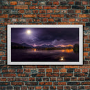 Full moon canvas print, Lightning storm over a mountain lake at night, cool wall art, awesome wall art