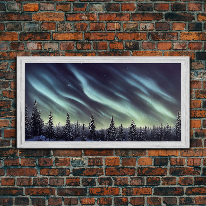 Aurora borealis over a snowy northern forest, canvas print, scenic winter landscape art, northern lights