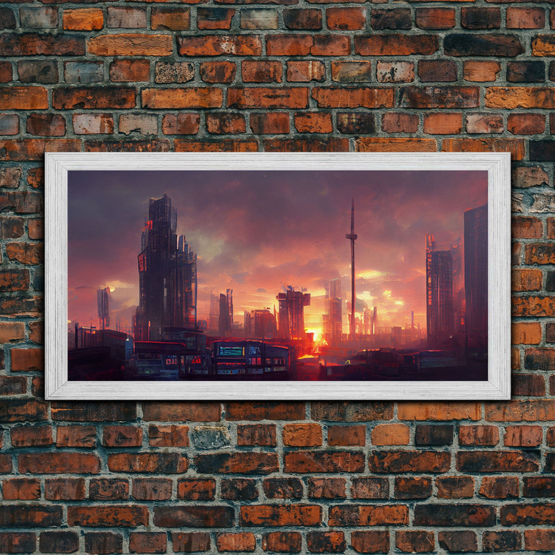 Watercolor of a cyberpunk city, canvas print, dystopian urban landscape at sunset, synthwave style