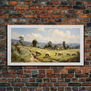 Countryside Painting, Sheep Wall Art, Farm Animals, Farm Art, Panoramic Art, Wall Art, Canvas Art, Landscape Art, Farmhouse Wall Art