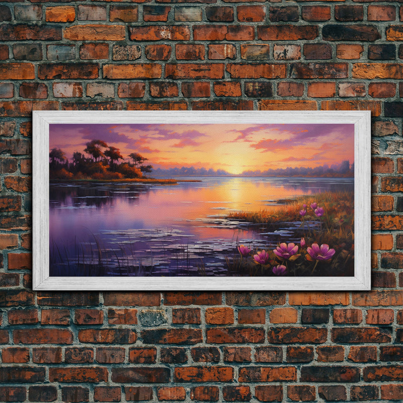 Beautiful Lake At Sunset, Framed Canvas Print, Landscape Oil Painting Print, Lakehouse Art, Lake Art, Lake House Decor, Nature Art