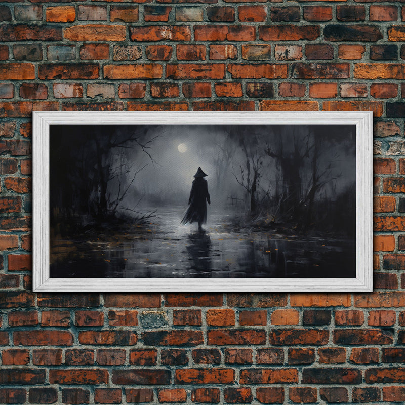 Witch Walking In The Rain Under A Full Moon, Witch Print, Framed Canvas or Poster, Victorian Oil Painting, Dark Academia, Witchcraft Decor