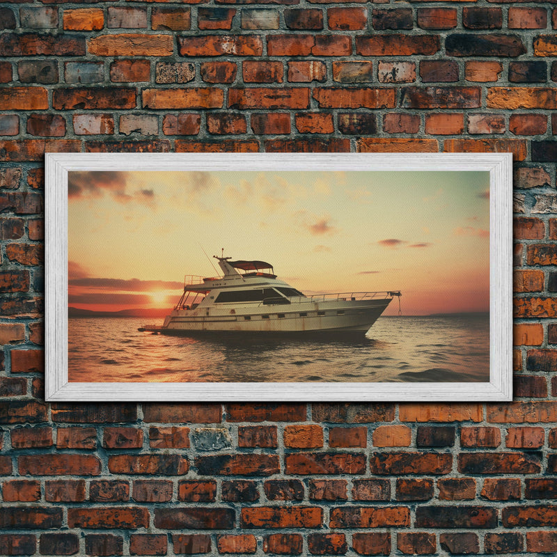 An Abandoned Yacht at Sunset - Framed Canvas Print - Nautical Decor - Vaporwave Art - Liminal Spaces - Urban Decay - Eclectic Wall Art