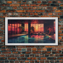 Midcentury Modern Wall Art, Framed Canvas Print, Retro MCM Decor, Minimalist Decor, Sunset Over An Indoor Pool, Eclectic Architecture Art