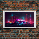 Neon Cyberpunk Diner, Retrofuturism, Framed Ready To Hang Canvas Print, beautiful wall art, guest room decor