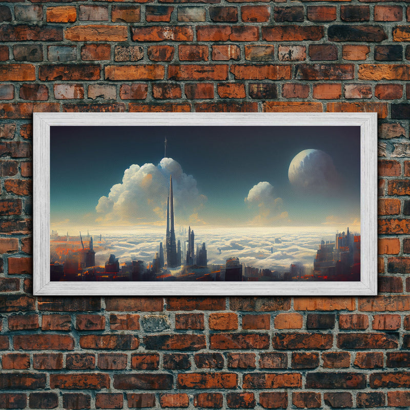 View From Above The Clouds, Cyberpunk City, Futuristic Abstract, ready to hang canvas print wall art, framed canvas wall art