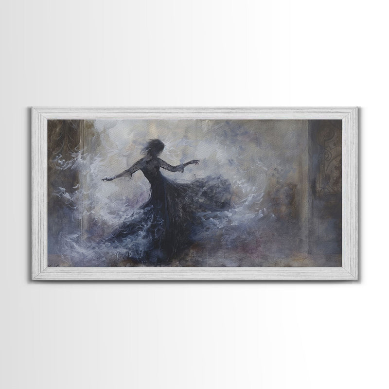 Ballerina Dancing In The Fog, Framed Canvas Print, Halloween Decor, Macabre Dark Academia Wall Art