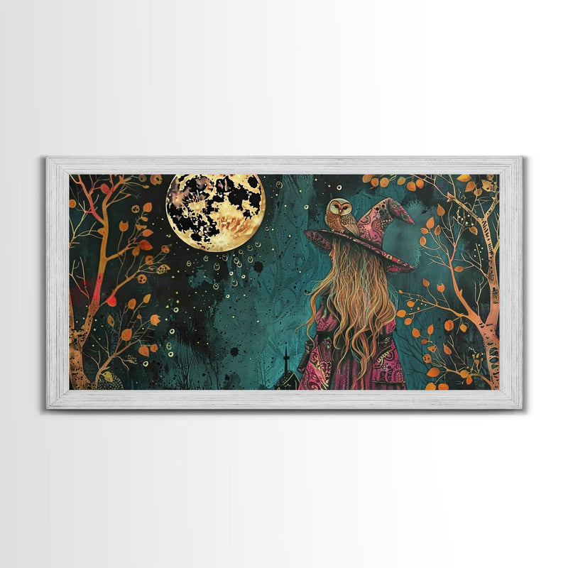 Victorian Witch and her Owl Familiar | Framed Canvas Print | Dark Academia Wall Art | Victorian Style Halloween Art