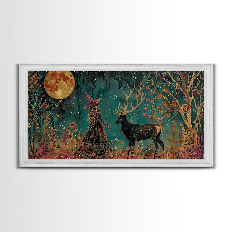 Victorian Witch and her Elk Familiar | Framed Canvas Print | Dark Academia Wall Art | Victorian Style Halloween Art