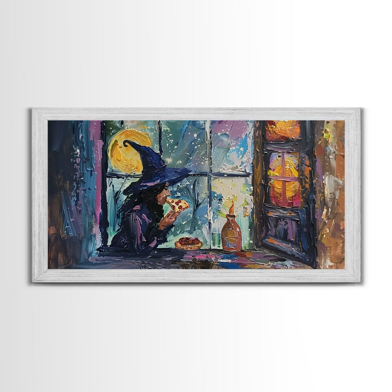 Witch Eatin' a Slice of Pizza, Framed Canvas Print, Witchy Decor, Impasto Style Halloween Wall Art