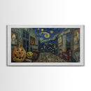 Starry Night Inspired Halloween Decor, Framed Canvas Print, Haunted Grave Yard