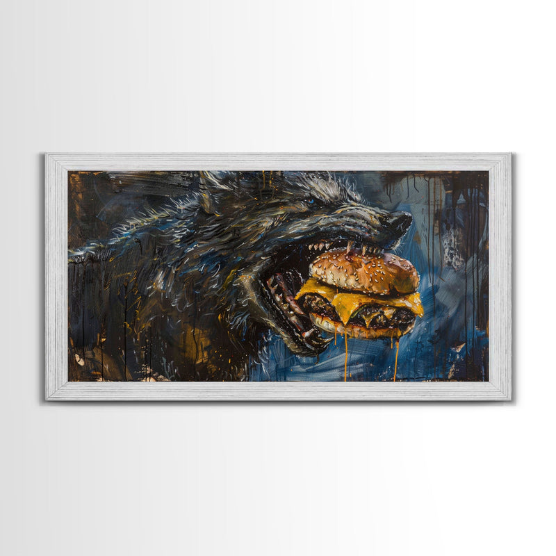 Big Ol Werewolf Having A Cheese Burger - Framed Canvas Print - Funny Halloween Art