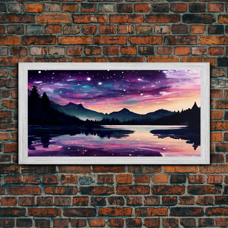 Beautiful lake at night canvas print, purple and pink sunset night sky, wall art canvas, lake front view, guest room wall art