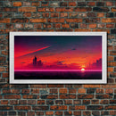 Cyberpunk lake art, city canvas, video game concept art, living room wall art, dystopian art, outrun city at sunset, man cave canvas print