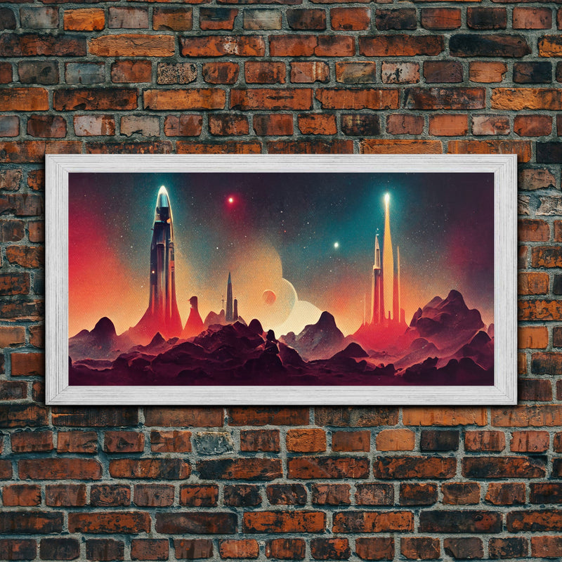 Art deco style space canvas print, space ship art, space art, outrun style, sci-fi themed art print, science fiction, space exploration