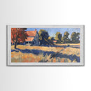 Tranquil Farmhouse with Red Roof, Framed Canvas Print, Great for Living Room Art, Pastoral Home Decor, Peaceful Bedroom Wall Art