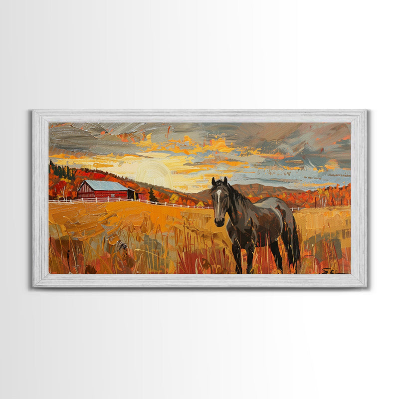 Black Horse in Autumn Field with Red Barn, Perfect Farmhouse Art, Framed Canvas Print, Rustic Wall Decor, Living Room Decoration